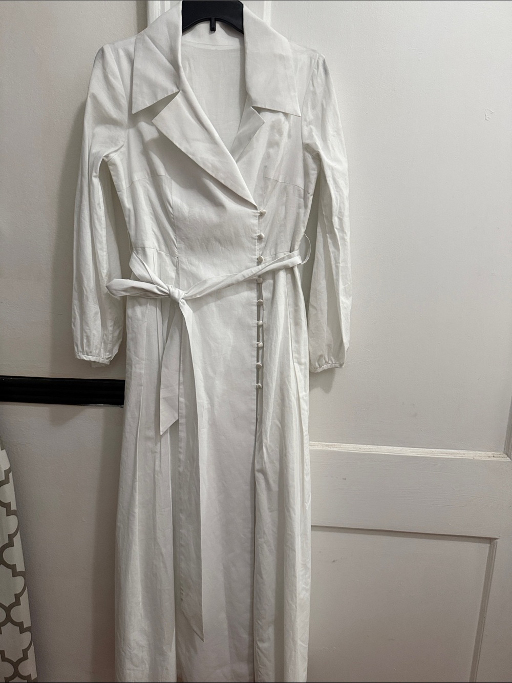White Button-Front Long Shirt Dress with Tie Waist